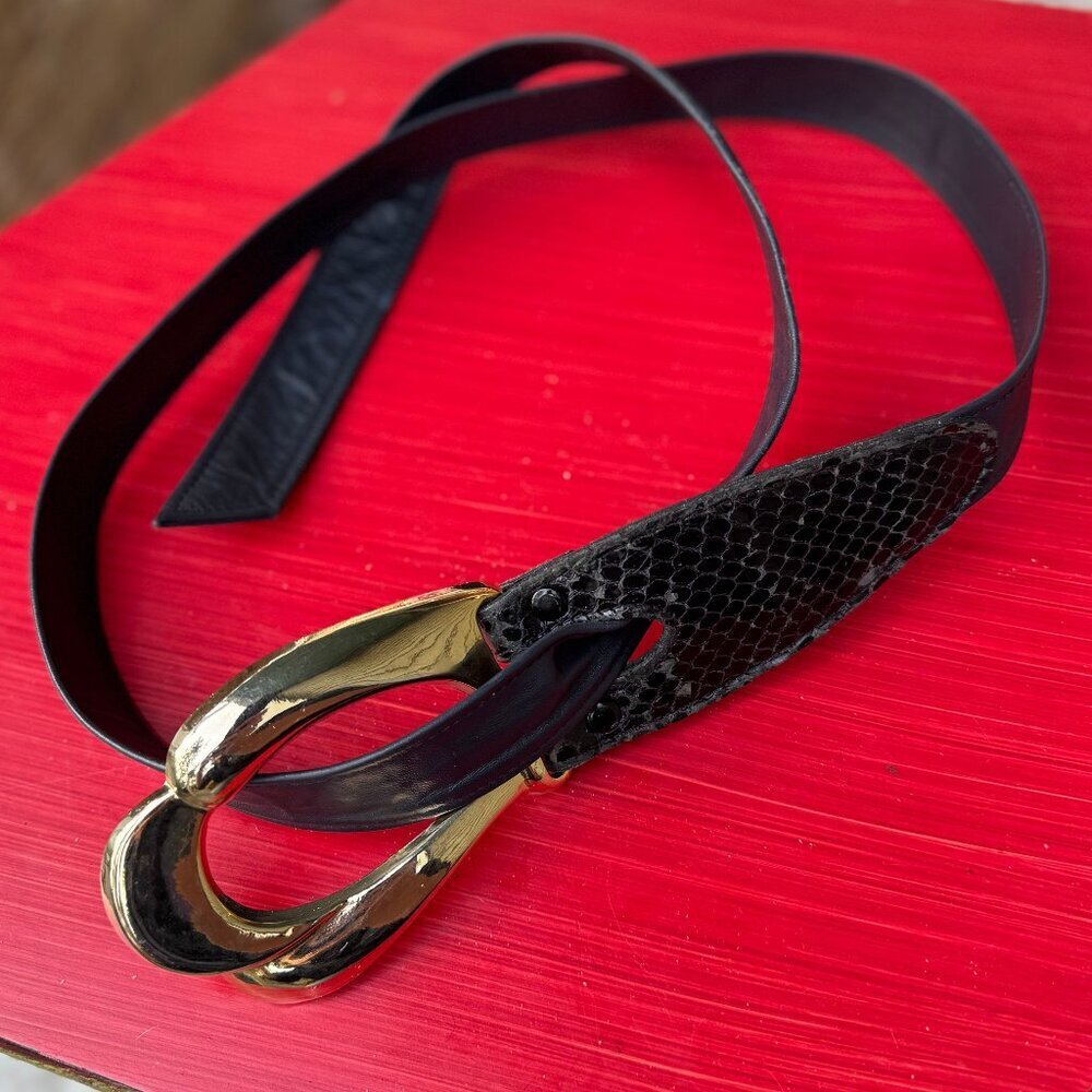 Vintage Black Leather Adjustable Belt w/ Gold Horseshoe Buckle Anthony Ferrara